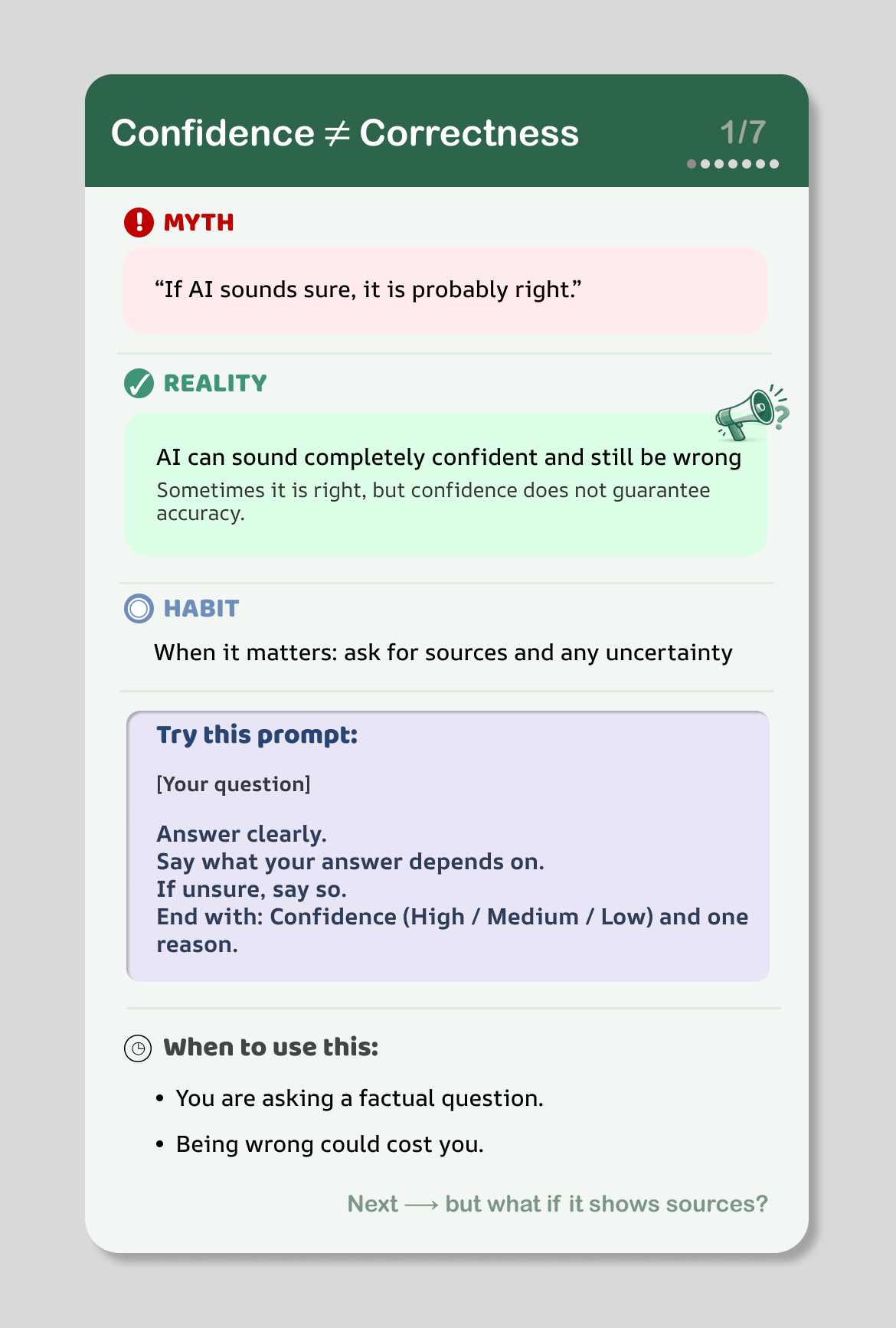 LLM Literacy card showing myth-reality-habit framework